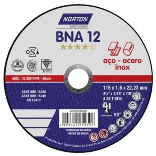 Disco de Corte para Aço Inox 4.1/2" 115x1,6x22,23mm BNA12 Norton