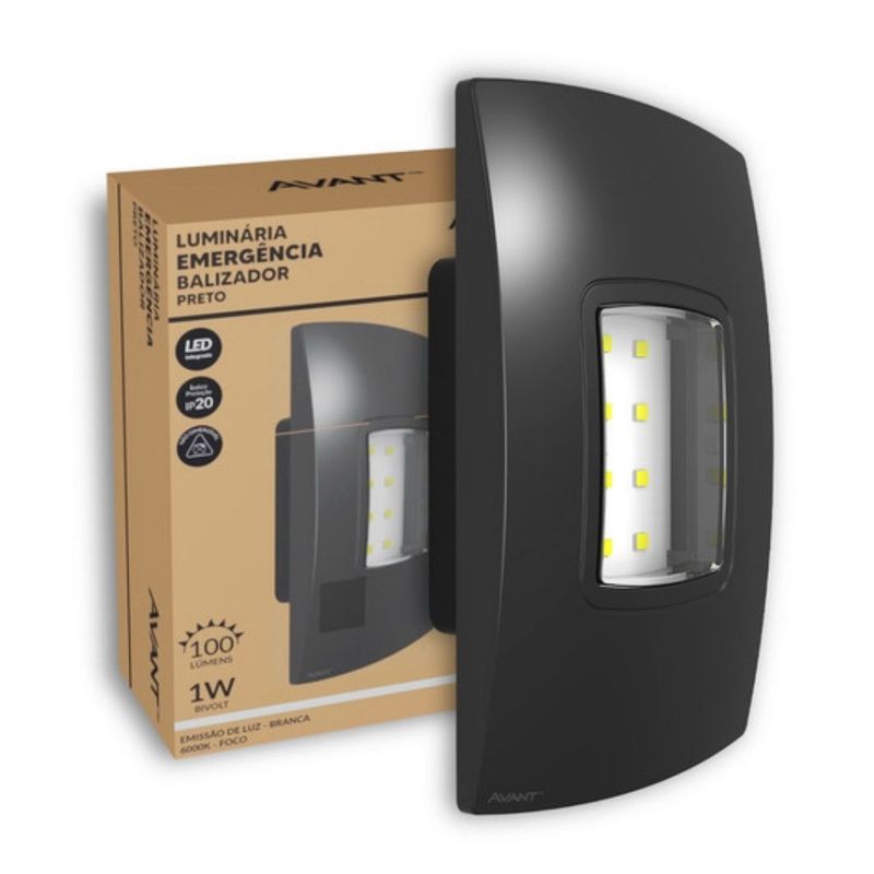 Luminaria-de-Emergencia-Balizador-Preto-LED-1W-Luz-Branca-100-lumens