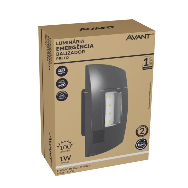 Luminaria-de-Emergencia-Balizador-Preto-LED-1W-Luz-Branca-100-lumens