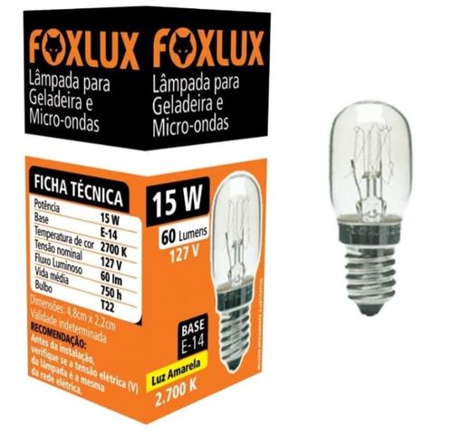 Lâmpada Incandescente Geladeira e Microondas 15W E14 Luz Amarela 127V