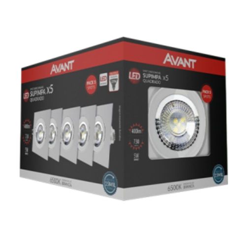 Pack 5 Spots de LED Embutir Quadrado Branco 5W 400 Lúmens Luz Branca