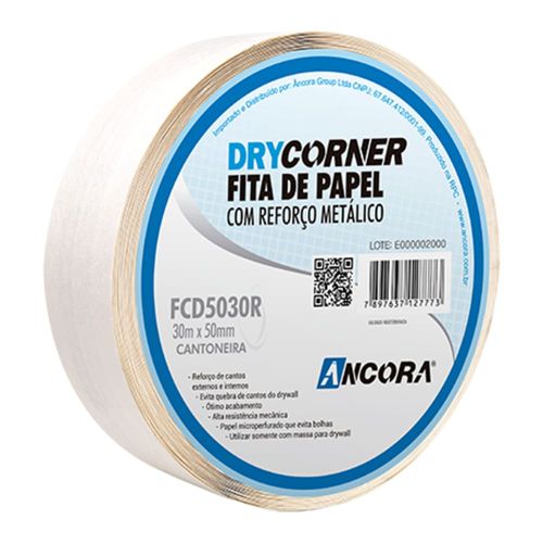 Fita de Papel para Juntas Drywall com Reforço Metálico 50mm 30m Âncora