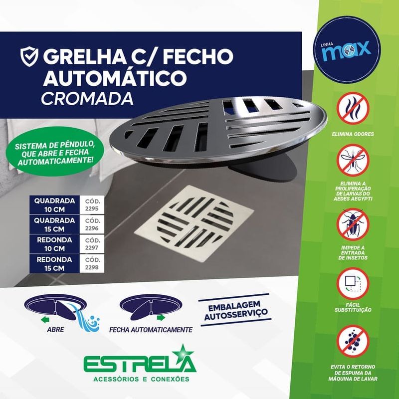 Grelha-Quadrada-Fecho-Automatico-Max-ABS-Cromada-10cm-DN100-Estrela