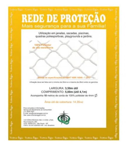 Kit Rede de Proteção 3,50x5,00m Malha 6x6cm com Corda Preta