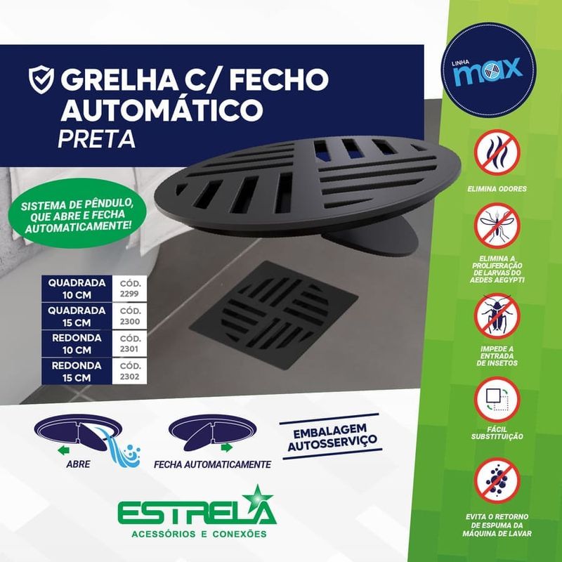 Grelha-Quadrada-Fecho-Automatico-Max-ABS-Preta-10cm-DN100-Estrela