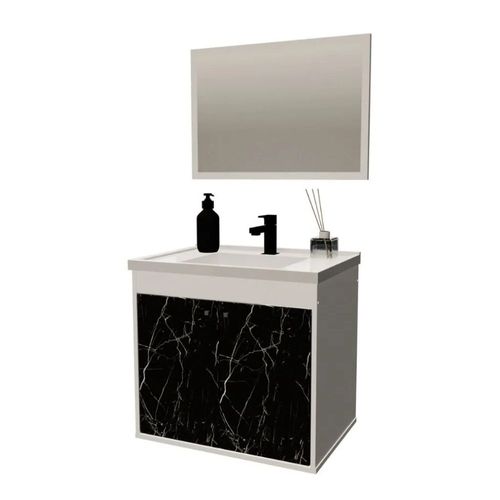 Kit Gabinete para Banheiro Aster Branco/Marmore Preto 51cm