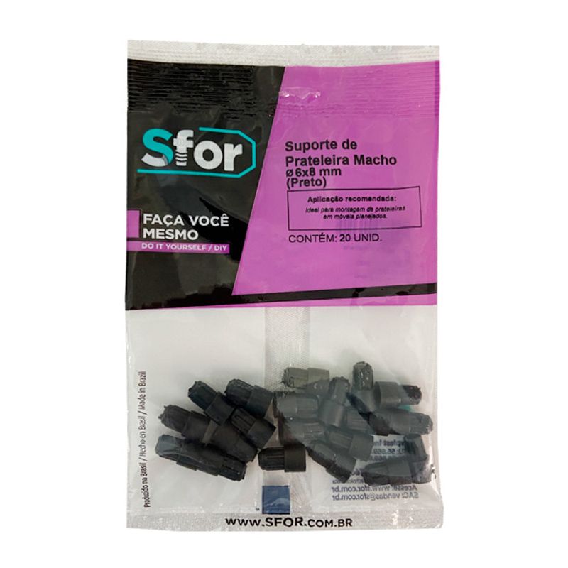 Suporte-de-Prateleira-Macho-6x8mm-Preto-20-Pecas