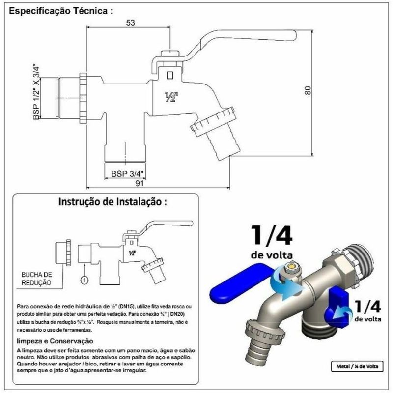 Torneira-para-Tanque-Jardim-Parede-Curta-Esfera-1360-2-Saidas-Cromado