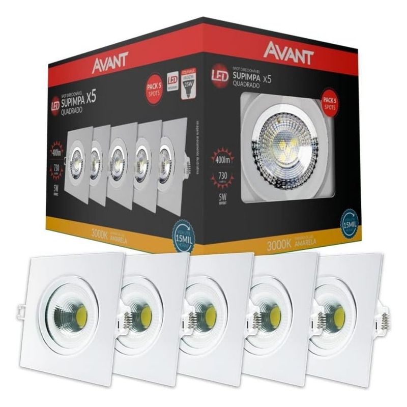 Pack-5-Spots-de-LED-Embutir-Quadrado-Branco-5W-400-Lumens-Luz-Amarela