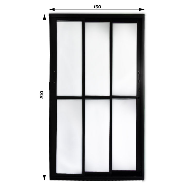 Porta-de-Correr-3-Folhas-Vidro-Liso-Aluminio-Preto-210x150cm