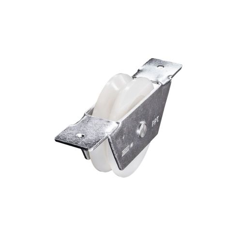 Roldana Nylon 75mm Canal V 90° com Suporte Aberto em Alumínio 2 peças