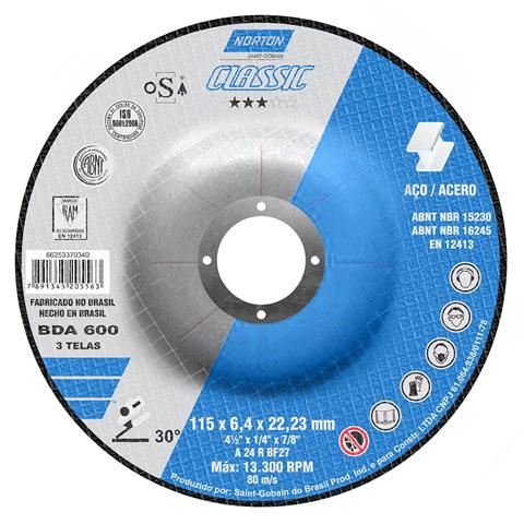 Disco de Desbaste para Metal 4.1/2" 115x6,4x22,23mm BDA600 Norton