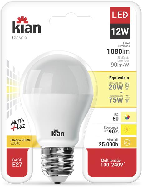Lâmpada de LED Bulbo A60 12W E27 1018 Lúmens Luz Amarela