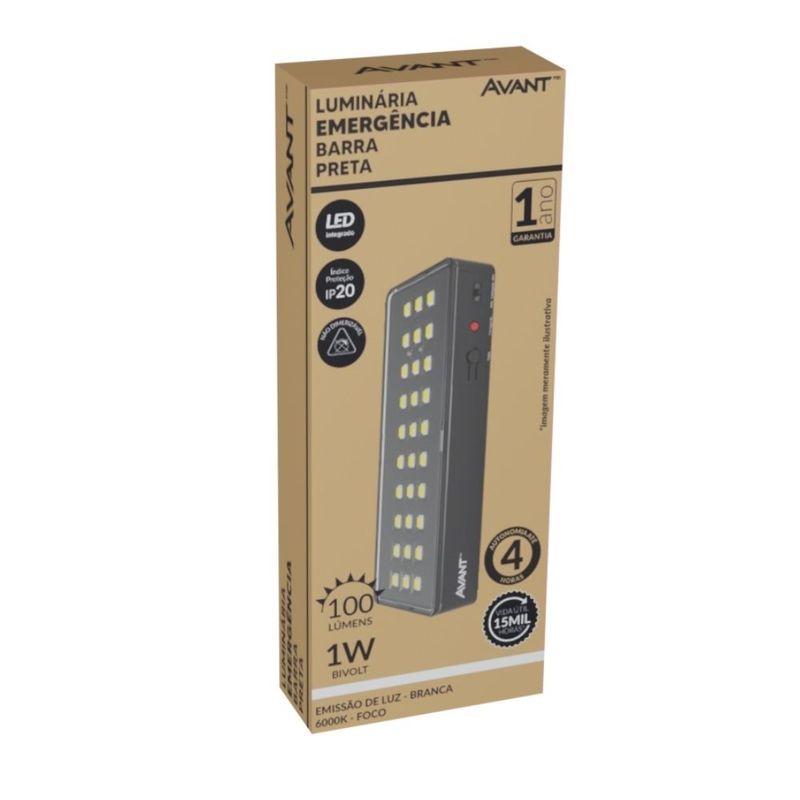 Luminaria-de-Emergencia-LED-Barra-Preta-1W-Luz-Branca-100-lumens