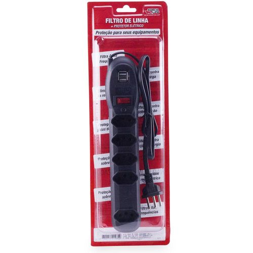 Filtro de Linha com 5 tomadas e USB 10 Amperes 1 metro Preto