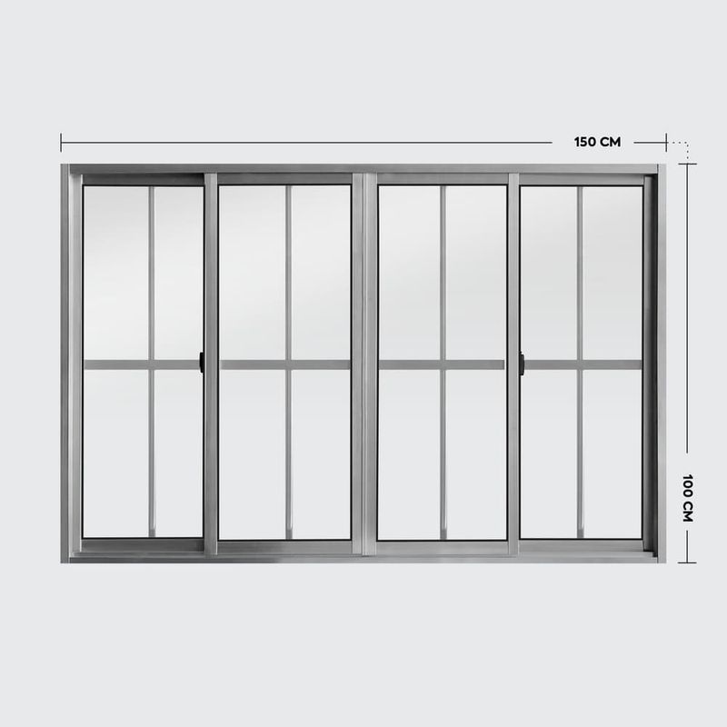Janela-de-Correr-4-Folhas-com-Grade-Aluminio-Brilhante-100x150cm