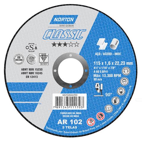 Disco de Corte para Aço Inox 4.1/2" 115x1,6x22,23mm AR102 Norton