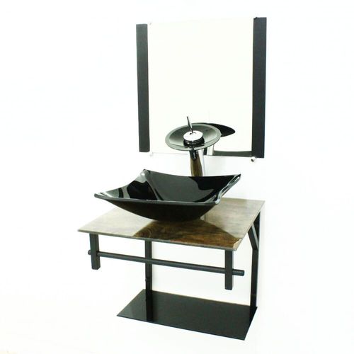 Kit Banheiro Vidro Cuba e Bancada GO 60AP Amadeirado e Preto 44cm