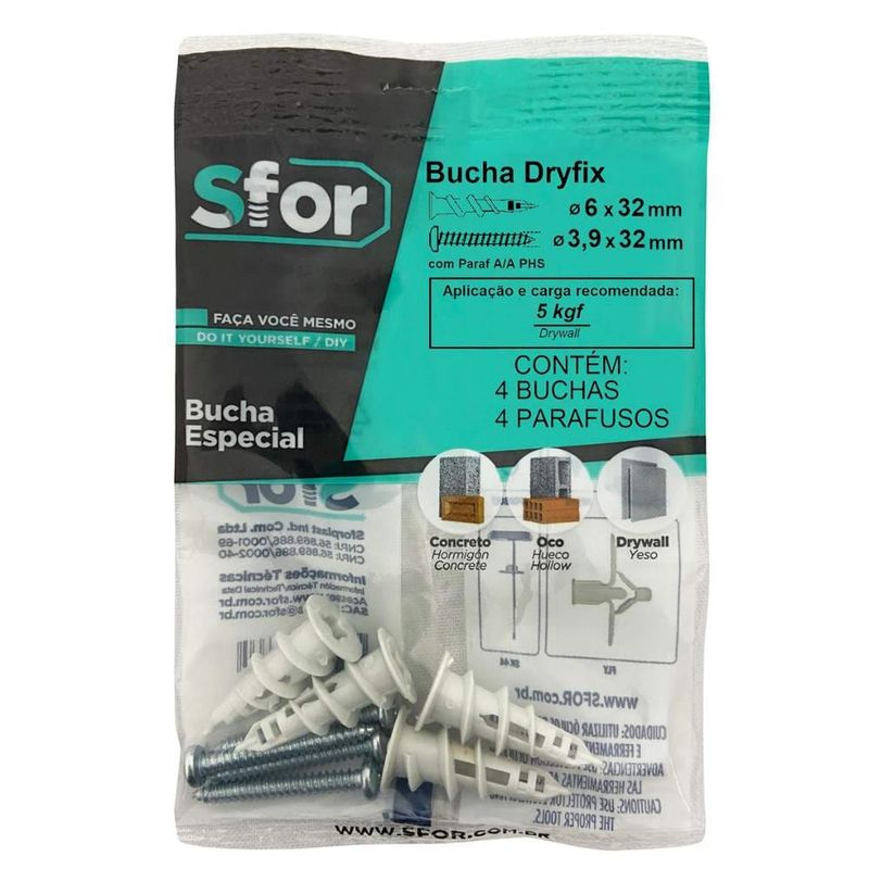 Bucha Dryfix com Parafuso Auto Atarraxante Philips 3,9x32mm 4 Peças