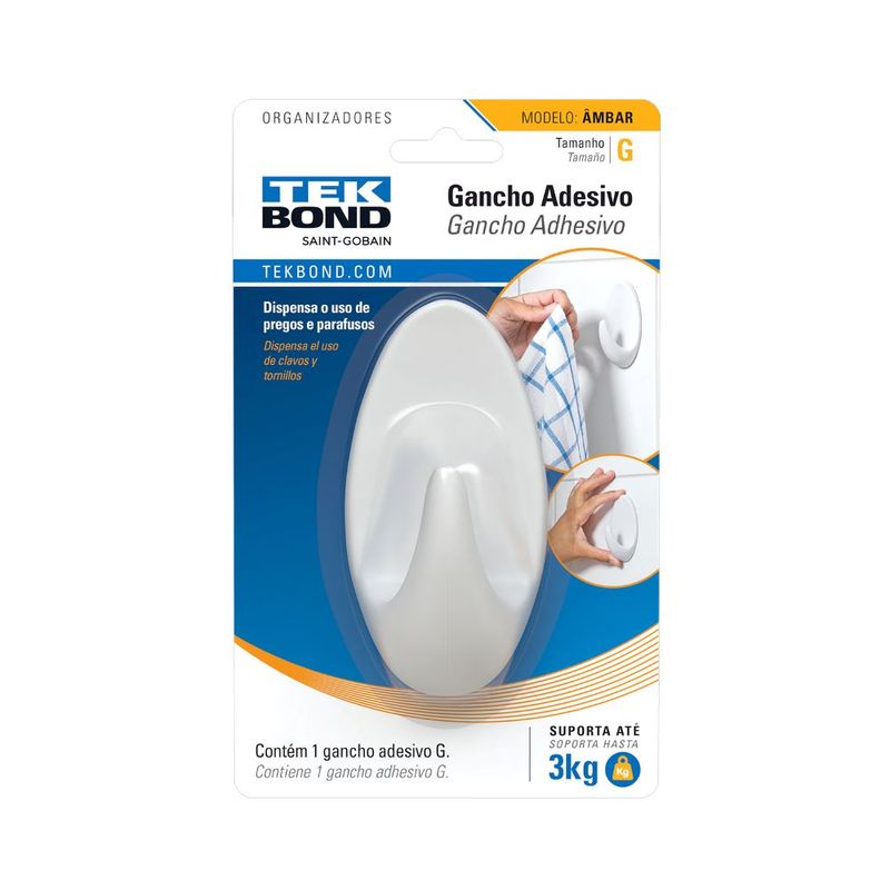 Gancho Adesivo Plástico Ambar Grande até 3kg Branco