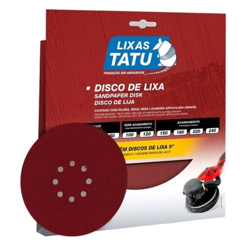 Disco de Lixa 9" 225mm 8 Furos Grão 80 10 Peças Lixas Tatu