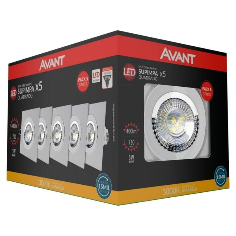 Pack 5 Spots de LED Embutir Quadrado Branco 5W 400 Lúmens Luz Amarela