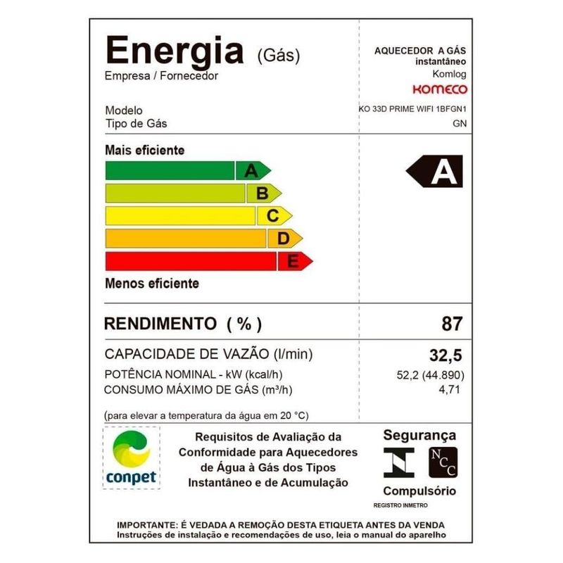 Aquecedor de Água a Gás GN 33L 33D Prime Wifi Digital Bivolt Komeco