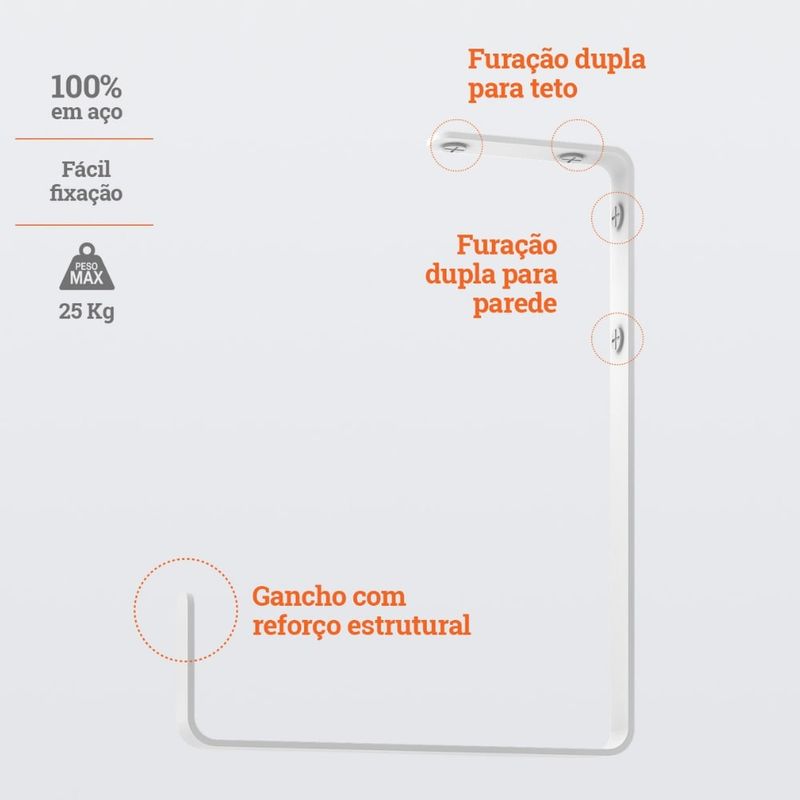 Gancho para Parede e Teto Até 25Kg 12cm Aço Branco