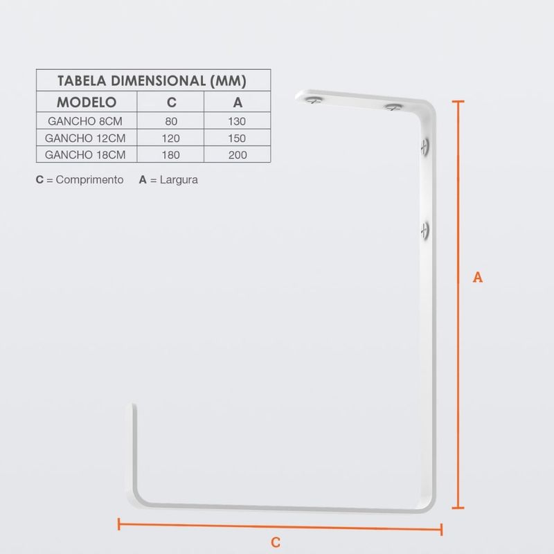 Gancho para Parede e Teto Até 25Kg 12cm Aço Branco