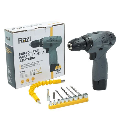 Furadeira Parafusadeira 3/8" 12V 1 Bat Com 22 Acessórios Razi