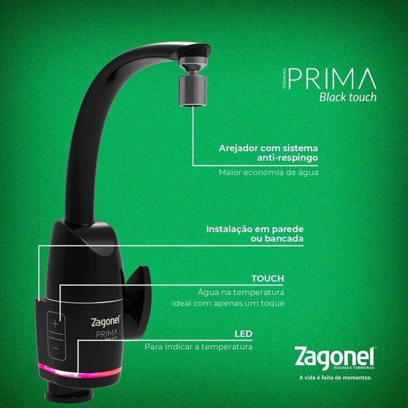 Torneira Elétrica PRIMA TOUCH Parede/Mesa Preta 220V 5500W Zagonel