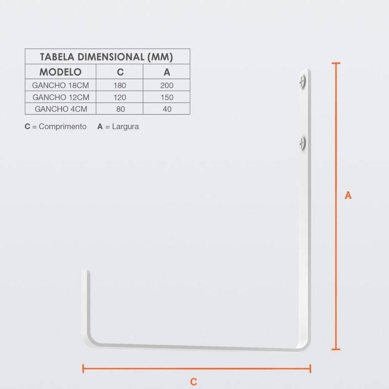Gancho para Parede Até 25Kg 8cm Aço Branco