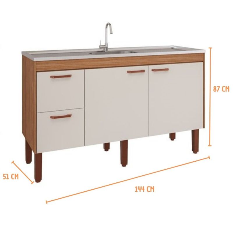 Gabinete para Cozinha Slim 144x87x50cm MDF Freijó/Off White