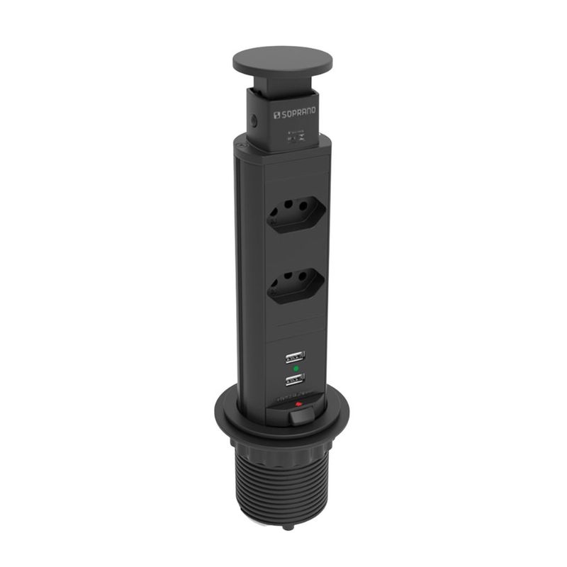 Torre de Tomada Retrátil com 2 Tomadas 10A + 2 USB-A Bivolt Preta