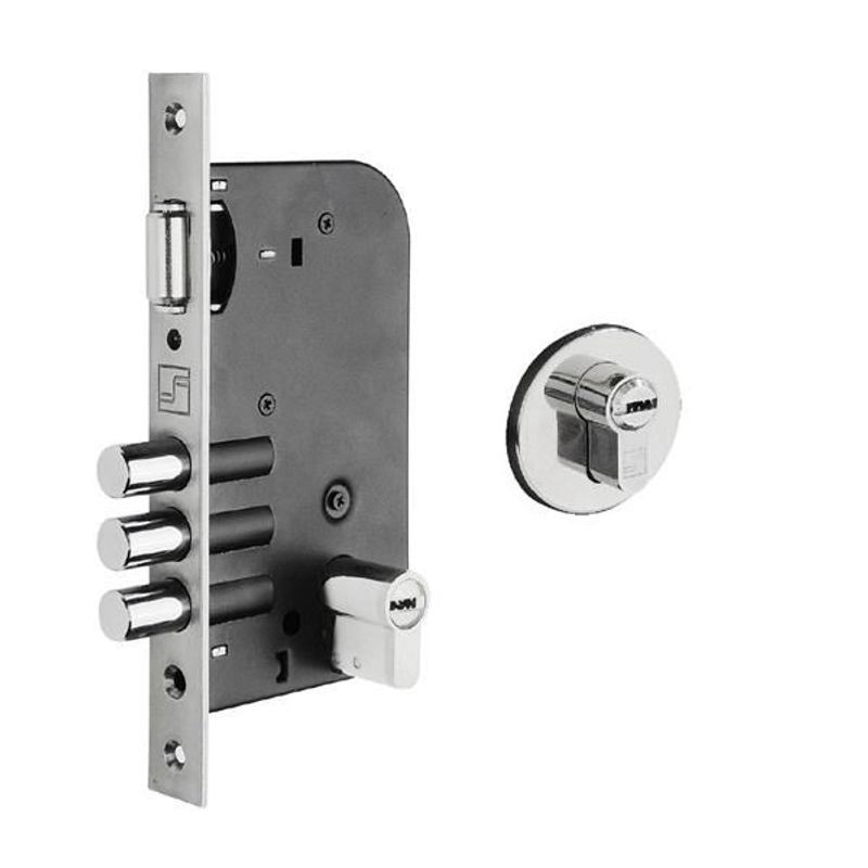 Fechadura Externa Roseta Redonda Polida 3 Pinos Rolete Multiponto 55mm