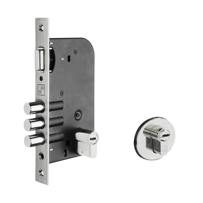 Fechadura Externa Roseta Redonda Polida 3 Pinos Rolete Multiponto 55mm