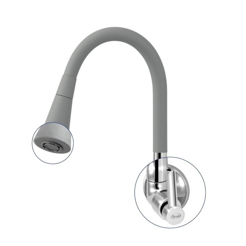 Torneira para Cozinha Parede 1/4V Bica Média Cinza Realce Flexível