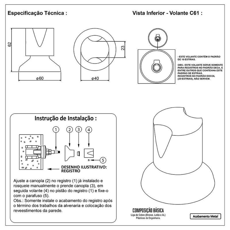 Acabamento Registro Base Deca Gaveta/Pressão 1/2" 3/4" C41 Grafite
