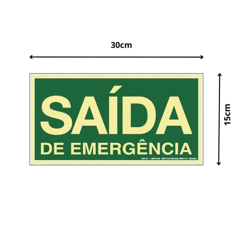 Placa Contra Incêndio Saida Emergência 15x30cm em PVC Fotoluminescente