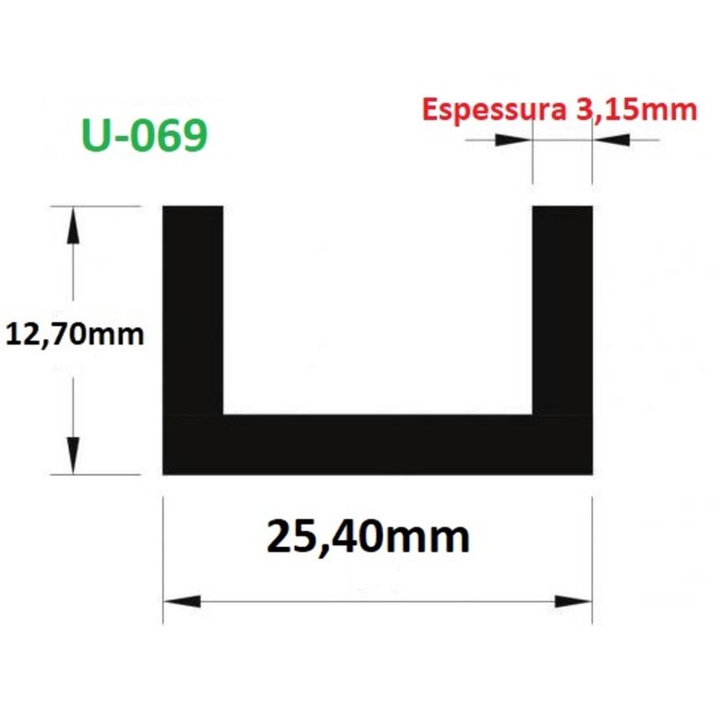 Perfil U Abas Desiguais 12,7x25,4x3,15mm "1/2x1" 3m Alumínio Natural