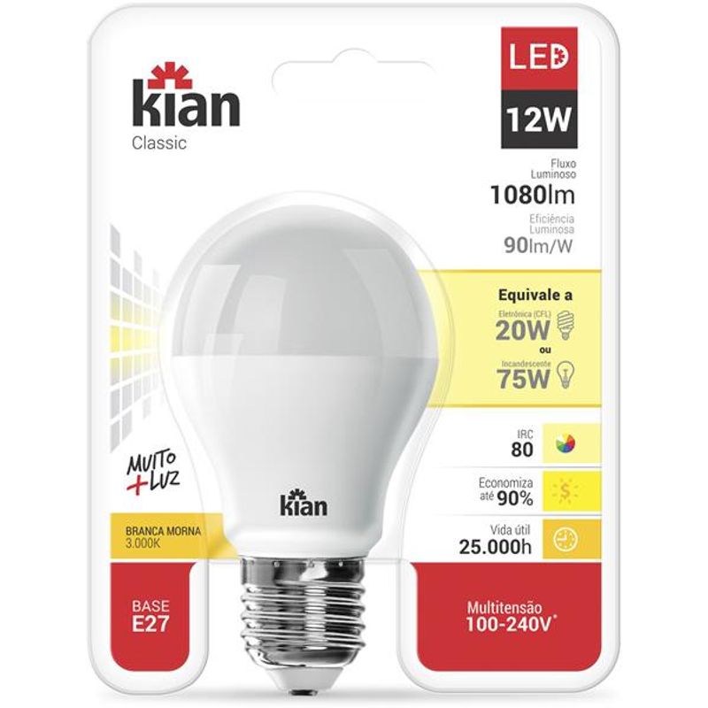 Lâmpada de LED Bulbo A60 12W E27 1018 Lúmens Luz Amarela