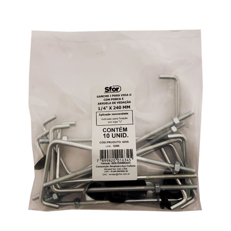 Gancho J com Porca e Arruela de Vedação 1/4"x240mm 10 Peças