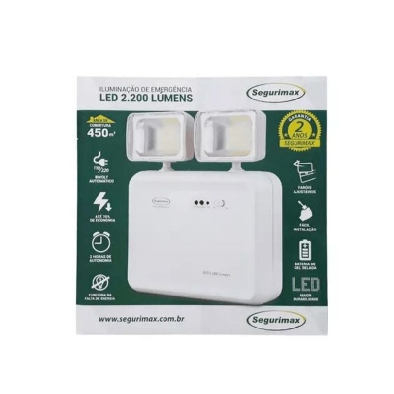 Luminária de Emergência LED 2 Faróis 2200 Lumens Ref 42482 Segurimax