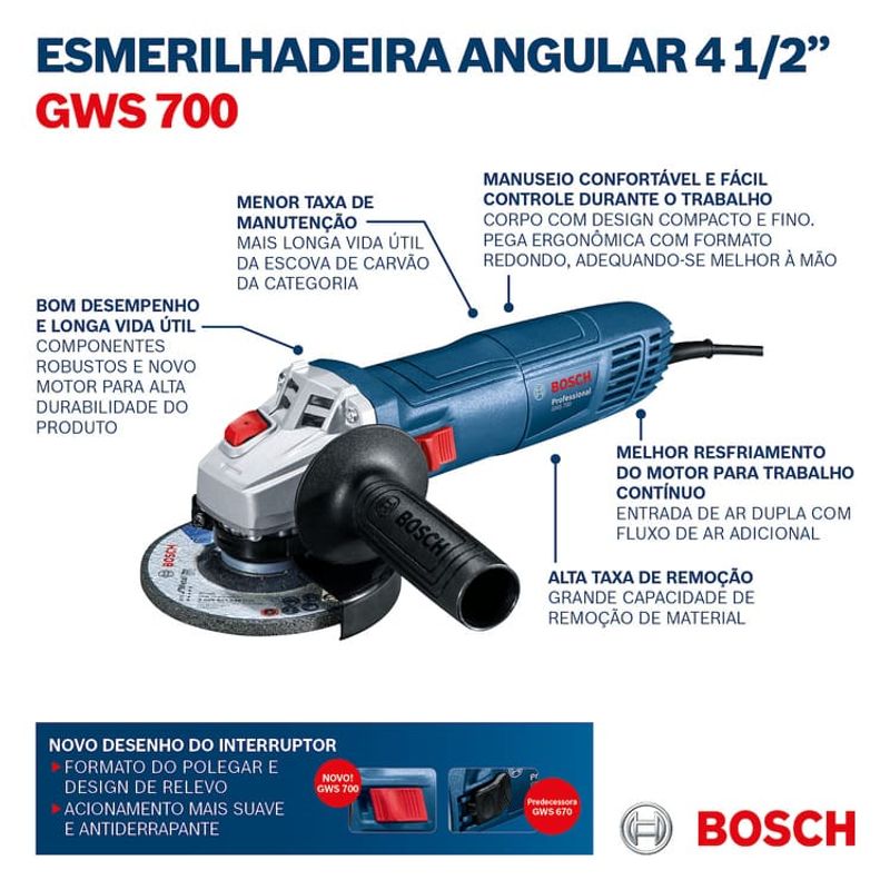 Esmerilhadeira Angular 4.1/2" (115mm) 710W GWS 700 220V Bosch
